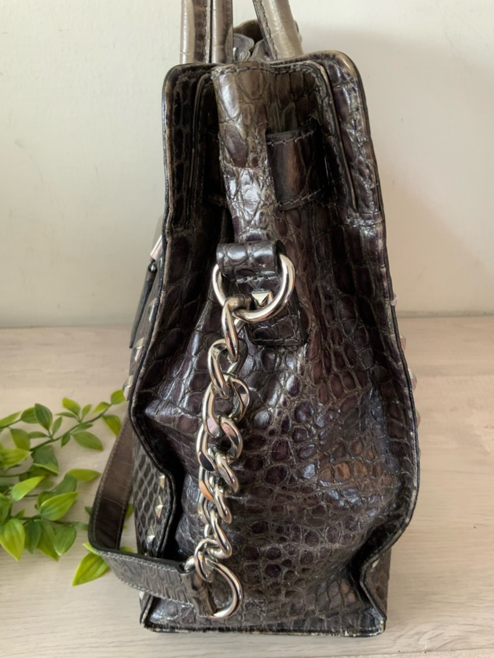 MICHAEL KORS HAMILTON GREY OMBRÉ  CROC EMBOSSED STUDDED SATCHEL SHOULDER BAG - Picture 8 of 11